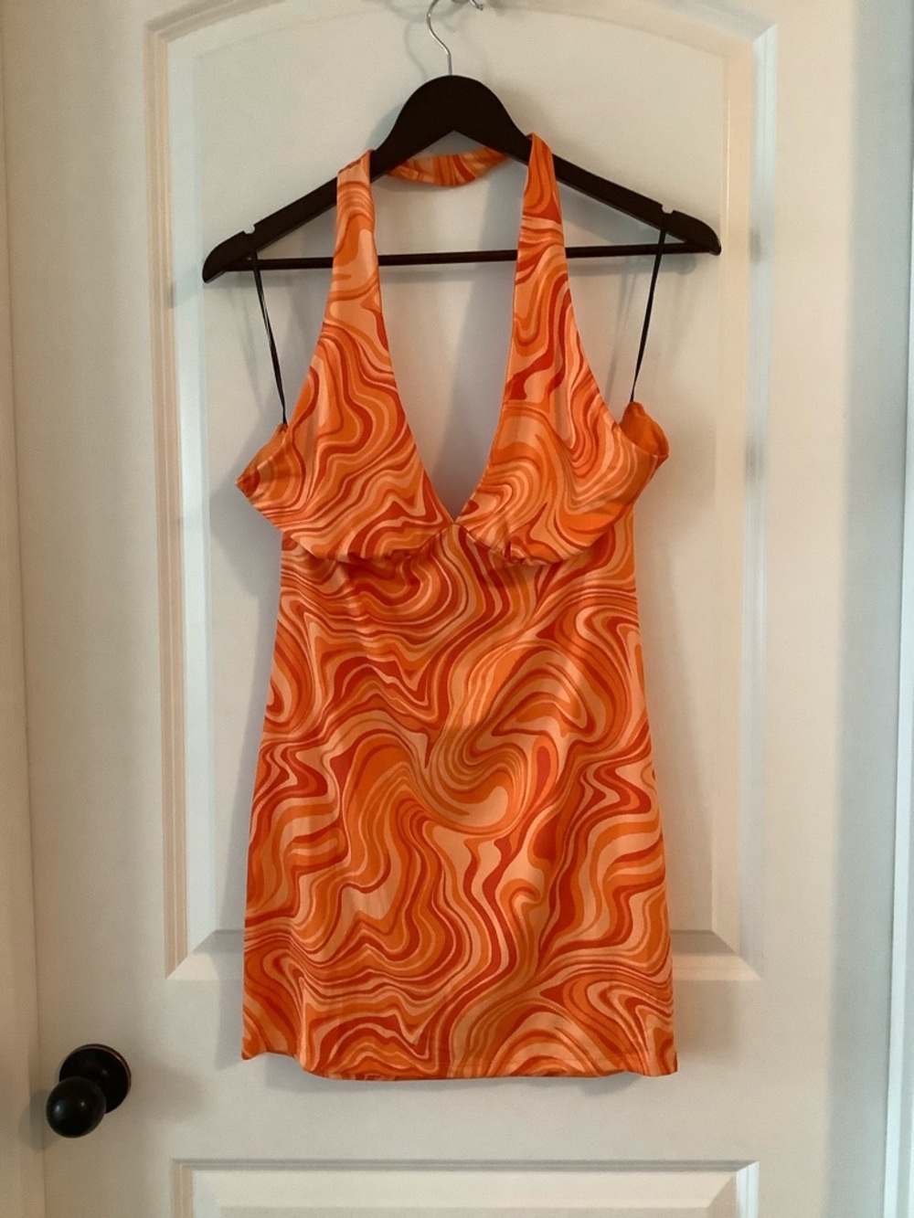 H&M Orange Swirl Backless Halter Mini Dress